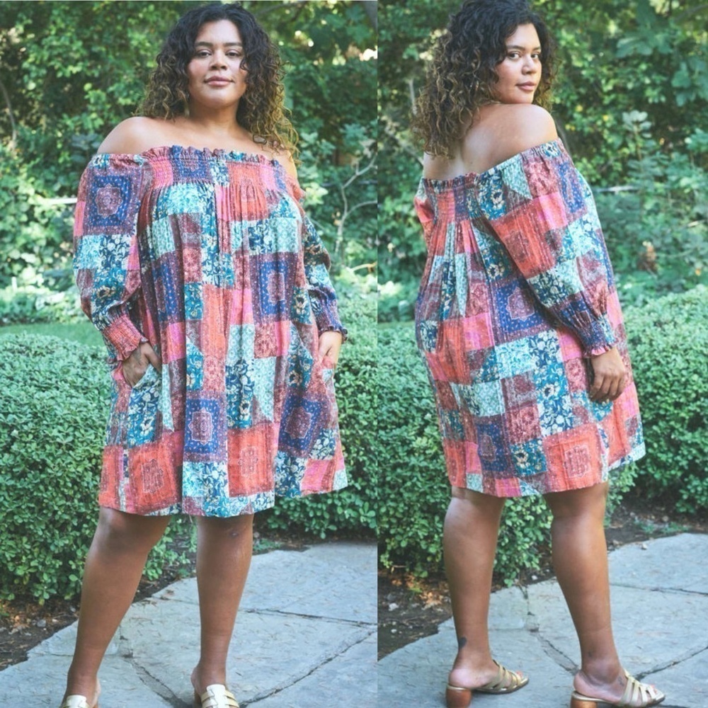 The Odells Womens Cottagecore Off the Shoulder Multicolor Patchwork Dress